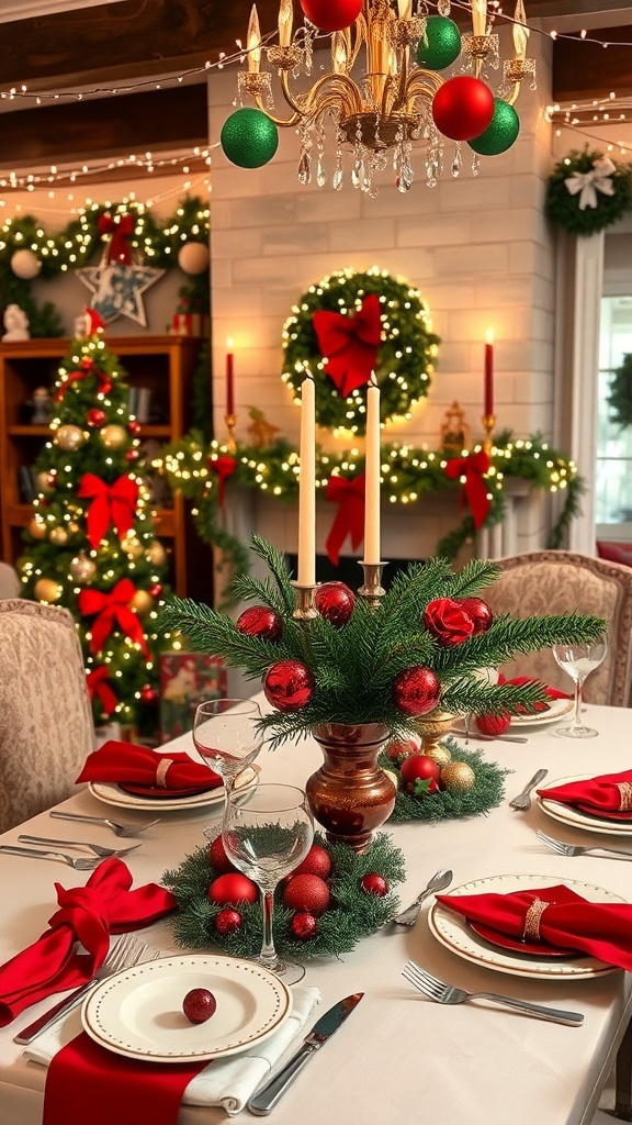 A festive Christmas party table setting with red and green decorations, string lights, and a cozy fireplace.